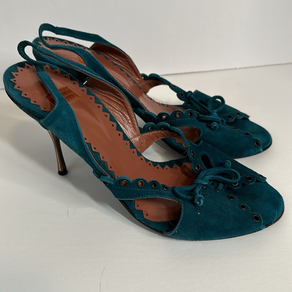 Goffredo Fantini Teal Slingback Shoes with Open Toe and Metallic Heel Sz 40 EU - Picture 2 of 9